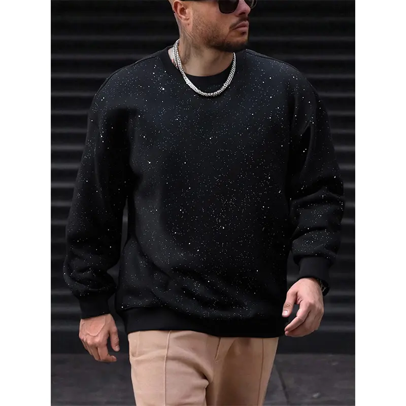 Men's Starry Sky Rhinestone Black Sweatshirt, Spring and Autumn Round Neck, Casual Versatile Trendy Long-sleeve Top
