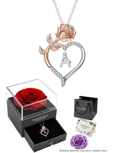 Rose Flower Initial Necklace  Heart Engraved A-Z Letters Elegant Pendant Jewelry for Women, Dainty Initial Necklaces, Perfect Gift for Valentine's Day and Mother's Day