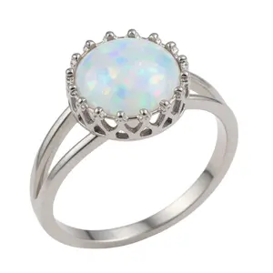 Sterling Silver 12mm Round White Opal Crown Set Ring