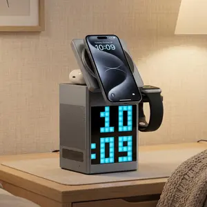 6-in-1 Magnetic Wireless Charging Station with RGB Pixel Alarm Clock, Built-in Premium Speaker, 15W Fast Charging, 360° Phone Stand, Aluminum Alloy Design, Multifunctional Nightstand Gadget for Home, Office & Gaming Room#SummerVibes
