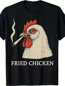 2026 Spring Summer Men's Casual, Breathable "Fried Chicken" Funny Smoking Rooster Short-Sleeve T-Shirt