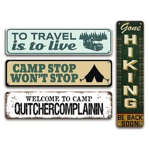 4pcs/set Tent Camping, Hiking, Picnic & Campfire Park Decorative Signs Plaques Outdoor Adventure Wall Decor For Home Patio Campsite Decor, Iron Art Campground Decor, 8x12 Inch, Vintage Tin Sign