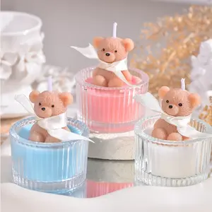 1pc Teddy Bear Glass Jar Candle, Cream Color Soy Wax with Ribbon, Aromatherapy Home Decor, Unique Women Teen Birthday Gift, Cute Bridal Shower Present