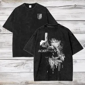 Men's Acid Washed Anime Graphic T-Shirt, Soft Oversized Streetwear Top with Round Neck and Short Sleeves