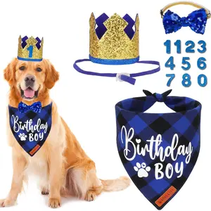 Dog Birthday Party Supplies, Blue Plaid Birthday Boy Dog Bandana, Golden Pet Party Hat with Numbers, Bowtie for Extra Large Pets (X-Large)
