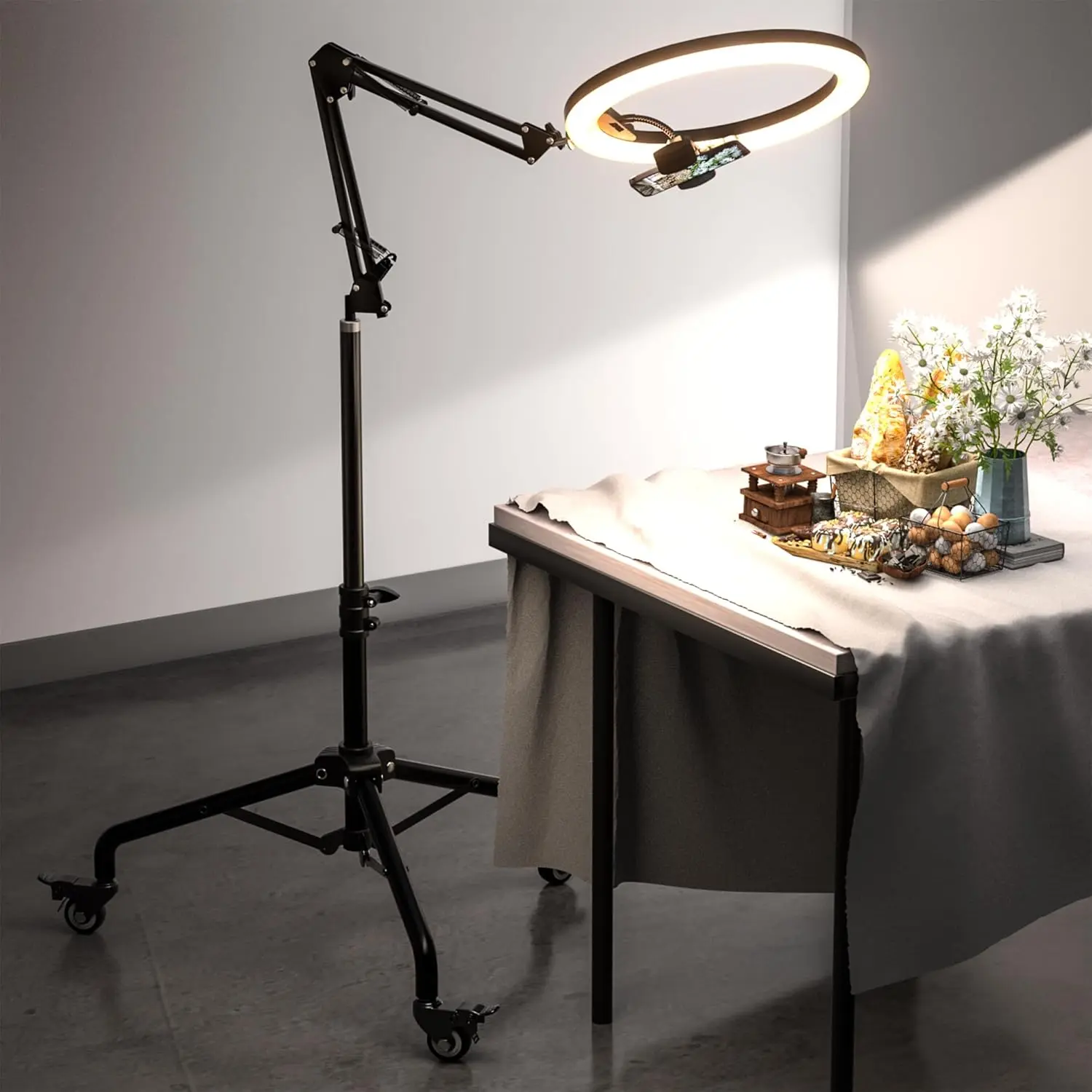UBeesize Pro 12" LED Ring Light Tripod with Phone Holder & Casters, Adjustable Overhead Phone/Camera Mount for iPhone, Video Recording, Live Streaming, Cooking (Mobile Stand with Light & Tripod)