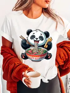 Women's Cute Panda Eating Ramen Anime Kawaii Graphic T-Shirt - Soft Short Sleeve Crew Neck Casual Top with Vibrant Print