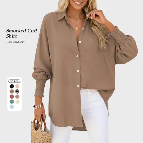 【SS26 Collection】TARSE Women Linen Shirt Smocked Cuffed Casual Collar Long Sleeve Oversized Button Down Blouse Tops Boyfriend Shirt Basic Vintage Top Dress