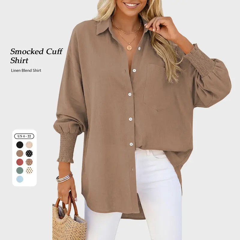 【SS26 Collection】TARSE Women Linen Shirt Smocked Cuffed Casual Collar Long Sleeve Oversized Button Down Blouse Tops Boyfriend Shirt Basic Vintage Top Dress