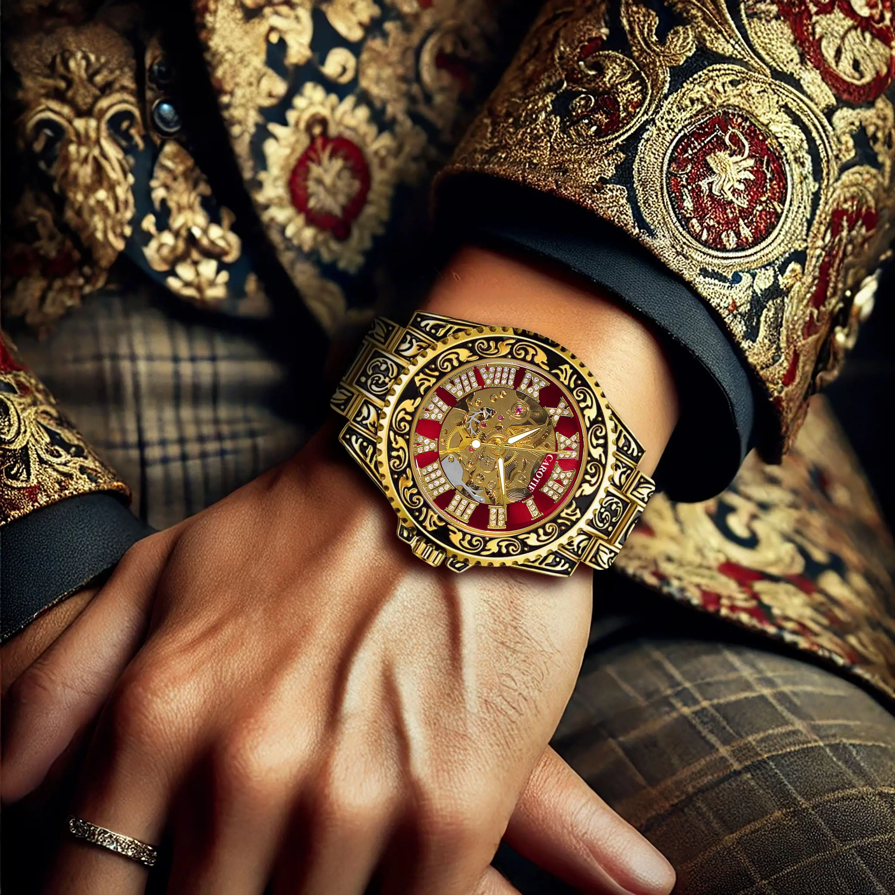 Men's Automatic Watch, Vintage Round Design with a Carved Blue Dial, Jeweled Tourbillon and Roman Numerals, Automatic Watches, Carved Dial, Analog, Buckle, Hardlex Glass, Mechanical, Stainless Steel, Vintage Carved Blue Face