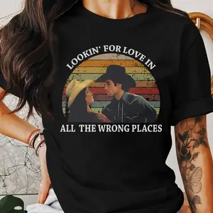 Vintage 90s Urban Cowboy T-Shirt, Lookin’ for Love in All the Wrong Places Quote Tee, Retro Movie Shirt for Men Women Couples