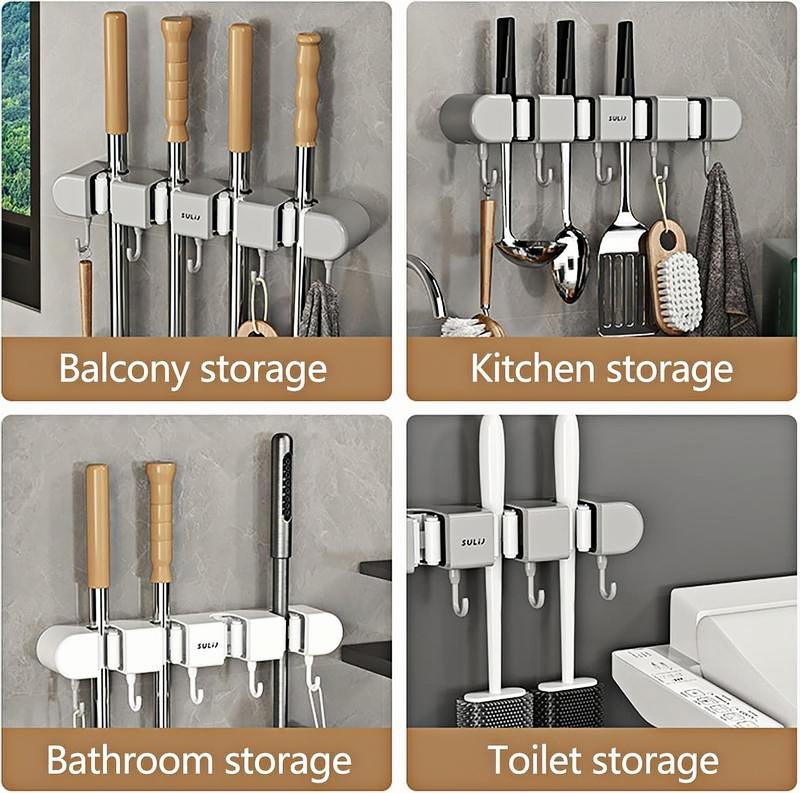 Wall Mounted Mop and Broom Holder, Self-Adhesive Organizer with 4 Racks and 5 Hooks for Kitchen, Bathroom, Closet