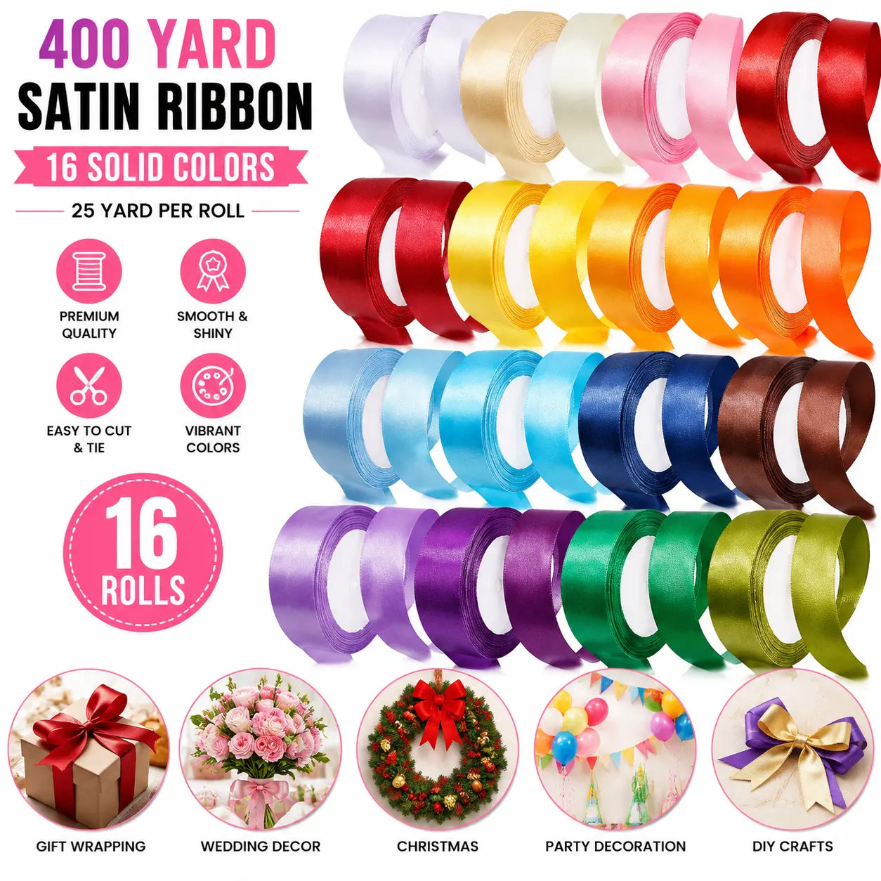 400 Yard Satin Ribbon Single Face 16 Solid Color Fabric Ribbon Bulk,25 Yard per Roll in 1 Inch Wide,16 Rolls,Assorted Ribbon Perfect for Gift Wrapping/Christmas/Wedding Favors/Party Decoration