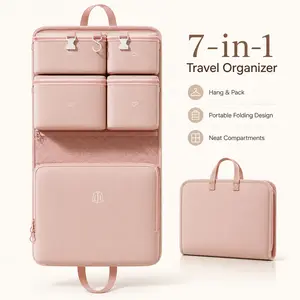 7-in-1 Foldable Polyester Travel Clothing Storage Case - 45cm/17.72in Compact Portable Organizer with Zip Closure, Independent Compartments, Travel Must Haves for Handbag, Home Organization