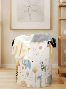 Durable Laundry Basket with Animal Print Handle, Foldable Large Capacity Storage Bin for Clothes & Toys, Casual Home Organizer
