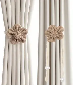 Yancorp 2Pcs Boho Curtain Tiebacks - Handmade Pearl & Rope Holdbacks with Buckle Pins, Simple Elegant Curtain Bedroom Decor (Khaki-Mmh)