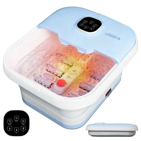 HOWHAI ABS Thick Sturdy Collapsible Foot Spa Massager - Heat, Bubbles, Red Light, Temp Control, 8 Shiatsu Massage Rollers, Drainage Outlet Design, Compact Folded, Self Care Gadgets, Black【without remote】