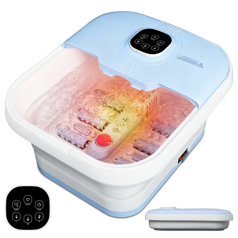 HOWHAI ABS Thick Sturdy Collapsible Foot Spa Massager - Heat, Bubbles, Red Light, Temp Control, 8 Shiatsu Massage Rollers, Drainage Outlet Design, Compact Folded, Self Care Gadgets, Black【without remote】
