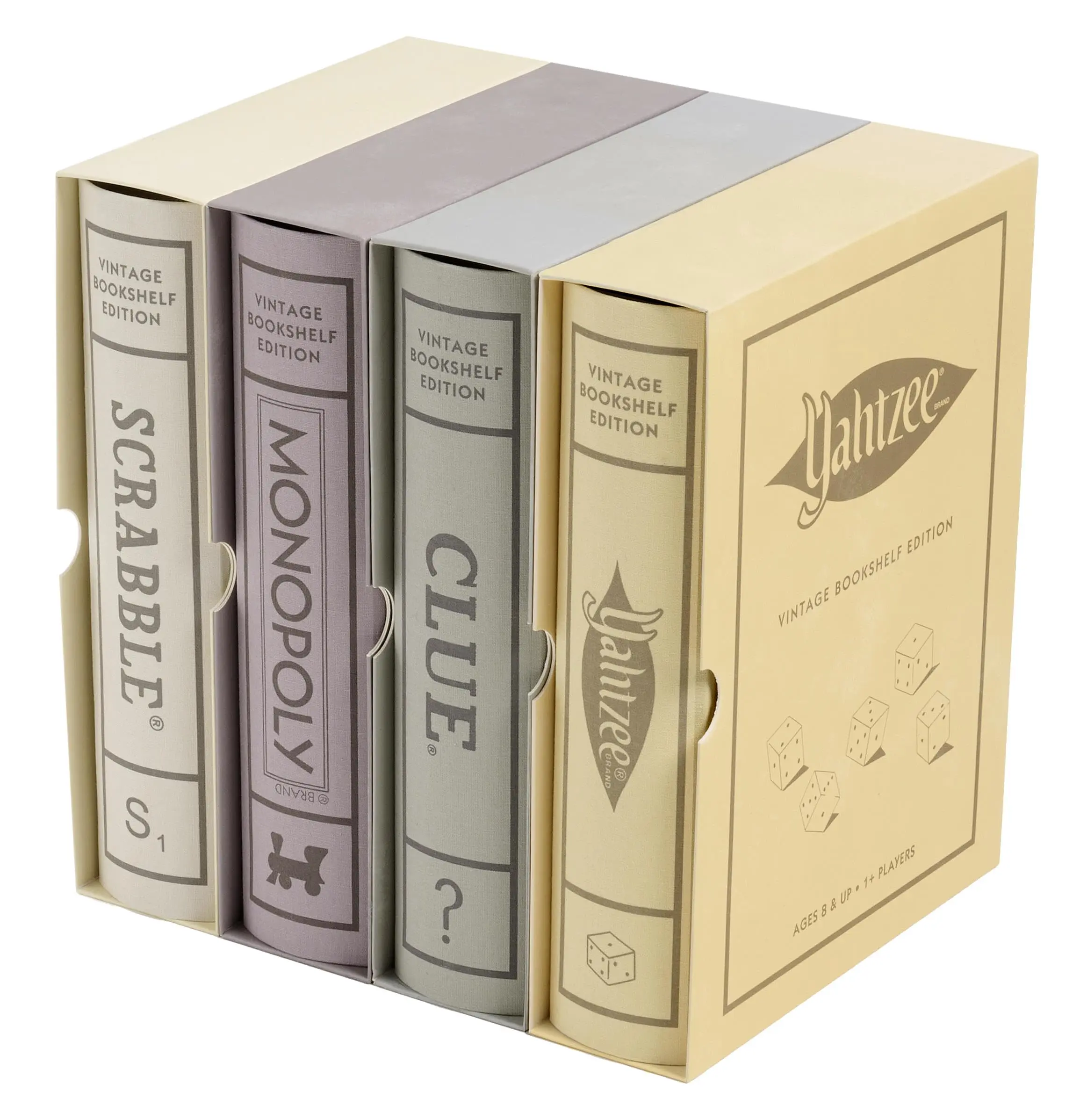 WS Game Company Scrabble, Monopoly, Clue, and Yahtzee Vintage Board Game Bookshelf Collection
