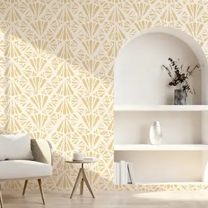 and Gold Art Deco Fan-Shaped Wallpaper, Neutral Retro Geometric Pattern, Removable Waterproof Self-Adhesive Wall Sticker, for Bedroom, Bathroom, Living Room