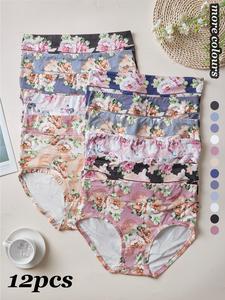 【plus size】patchwork floral print high waist knicker, soft comfy breathable panty for daily wear, women's underwear for all seasons