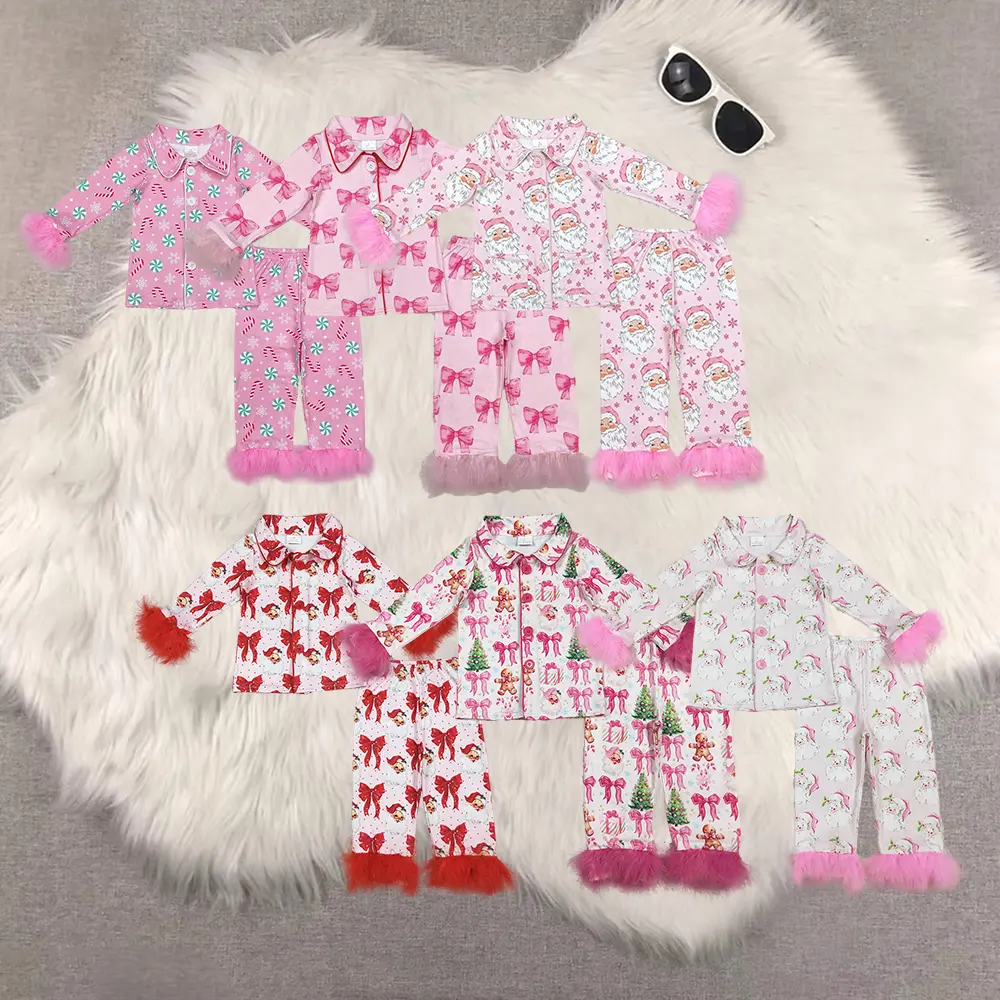 New Cute Sibling Girls Pink Santa Fur Sleeves Button down Christmas Pajamas Sleepwear for Holiday