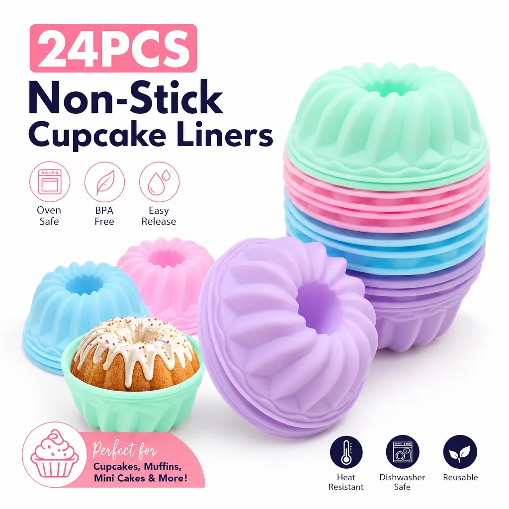 24-Pack Food Grade Silicone Baking Cups Set - Flexible, Nonstick Cupcake Pans, BPA-Free, Solid Colors, 2.5oz Liners, Freezing-Safe, Dishwasher-Safe for Birthday, Home Party Cake Decor Supplies