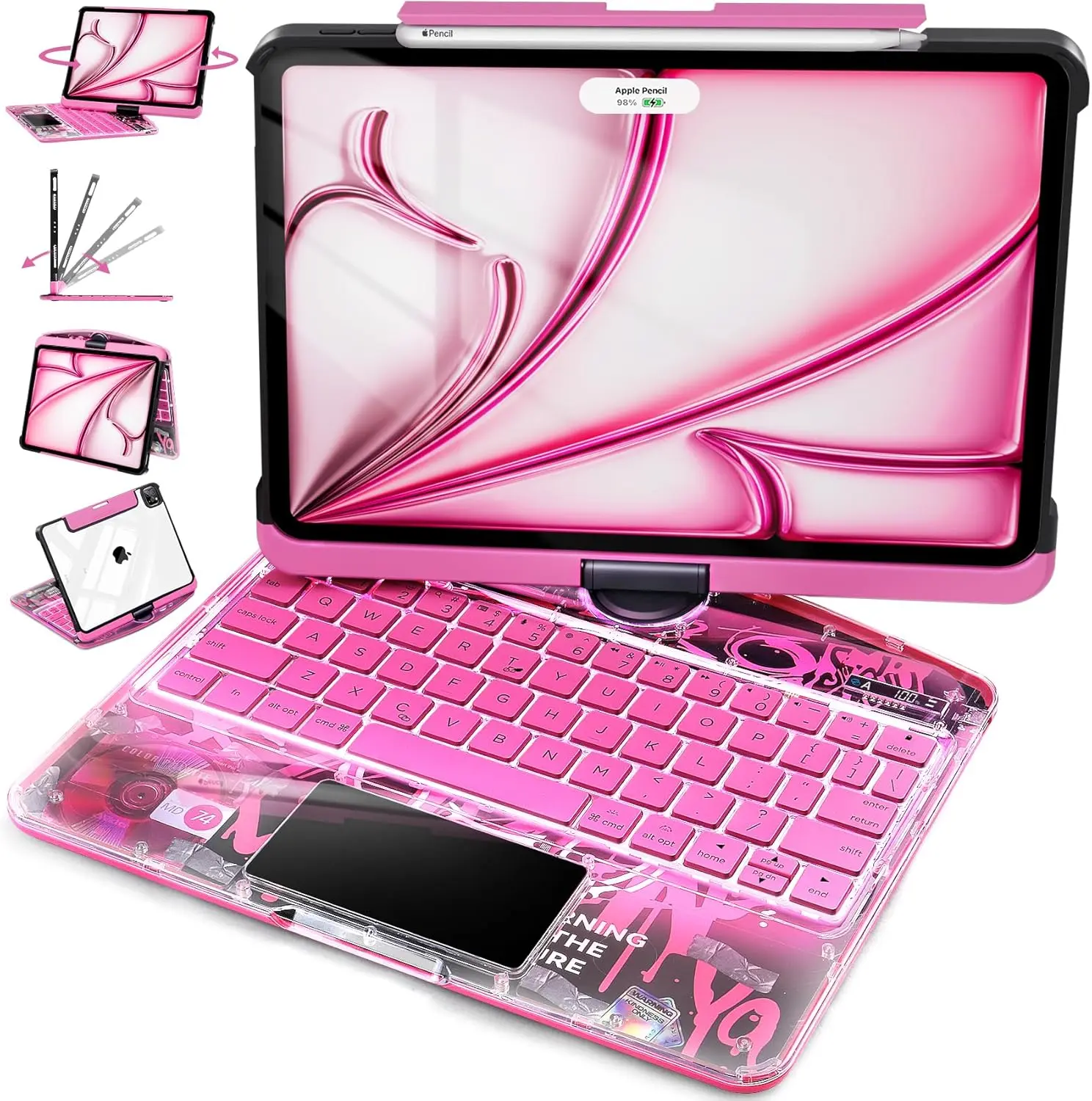 NAIDUN Latest 360 Swivel Keyboard with Y2K style tranparent case for iPad Tablet Accessories ipad case  Digital Products Keycaps Pink