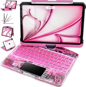 NAIDUN Latest 360 Swivel Keyboard with Y2K style tranparent case for iPad Tablet Accessories ipad case  Digital Products Keycaps Pink