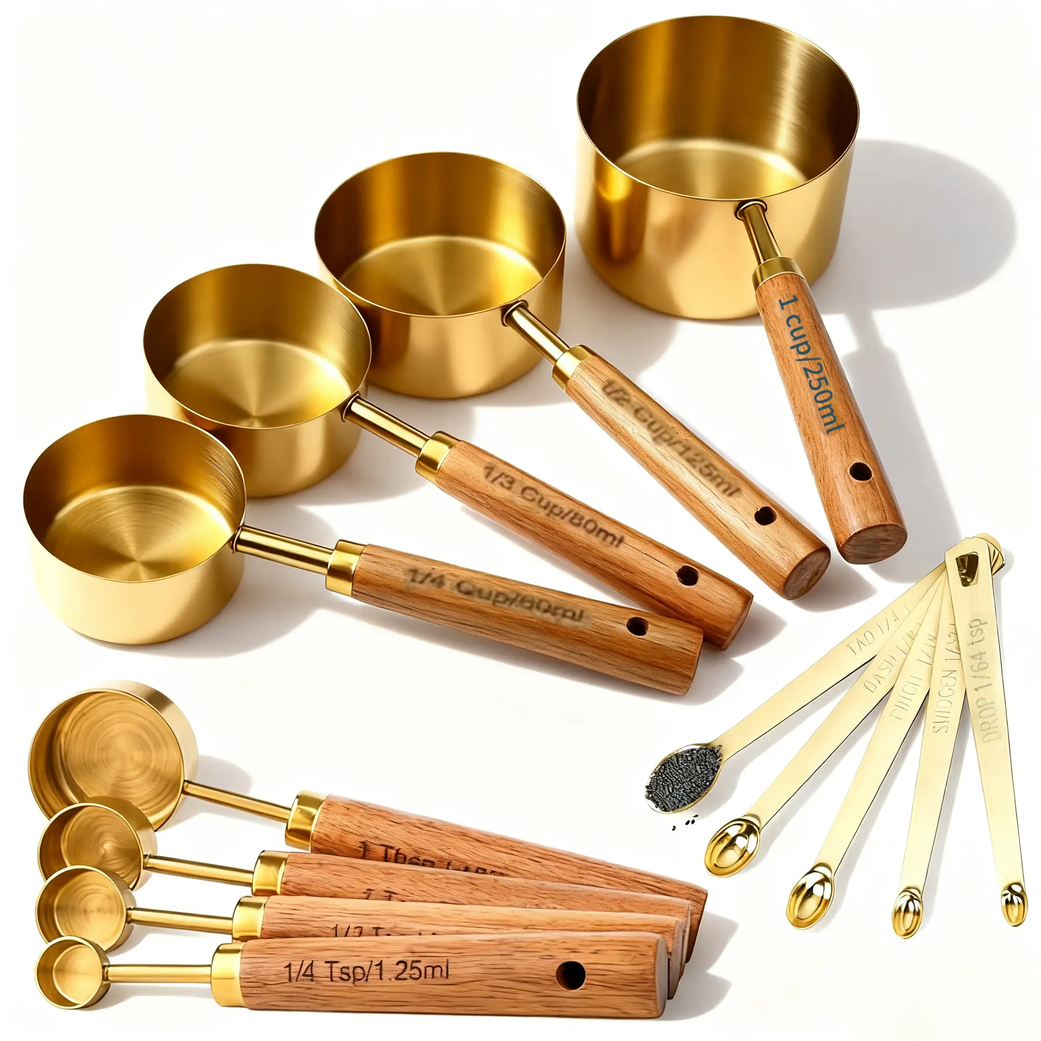 13-piece measuring cups and spoons set — gold stainless steel measuring cups with wooden handles, gold stainless steel mini measuring spoons, nested metal measuring spoon set; kitchen measuring set; small kitchen tools suitable for kitchens, food preparat