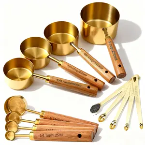 13-piece measuring cups and spoons set — gold stainless steel measuring cups with wooden handles, gold stainless steel mini measuring spoons, nested metal measuring spoon set; kitchen measuring set; small kitchen tools suitable for kitchens, food preparat