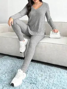 Women's V Neck Long Sleeve Top & Elastic Waist Pants Set, Soft Stretchy Casual for Daily Wear, Comfortable Home Clothing