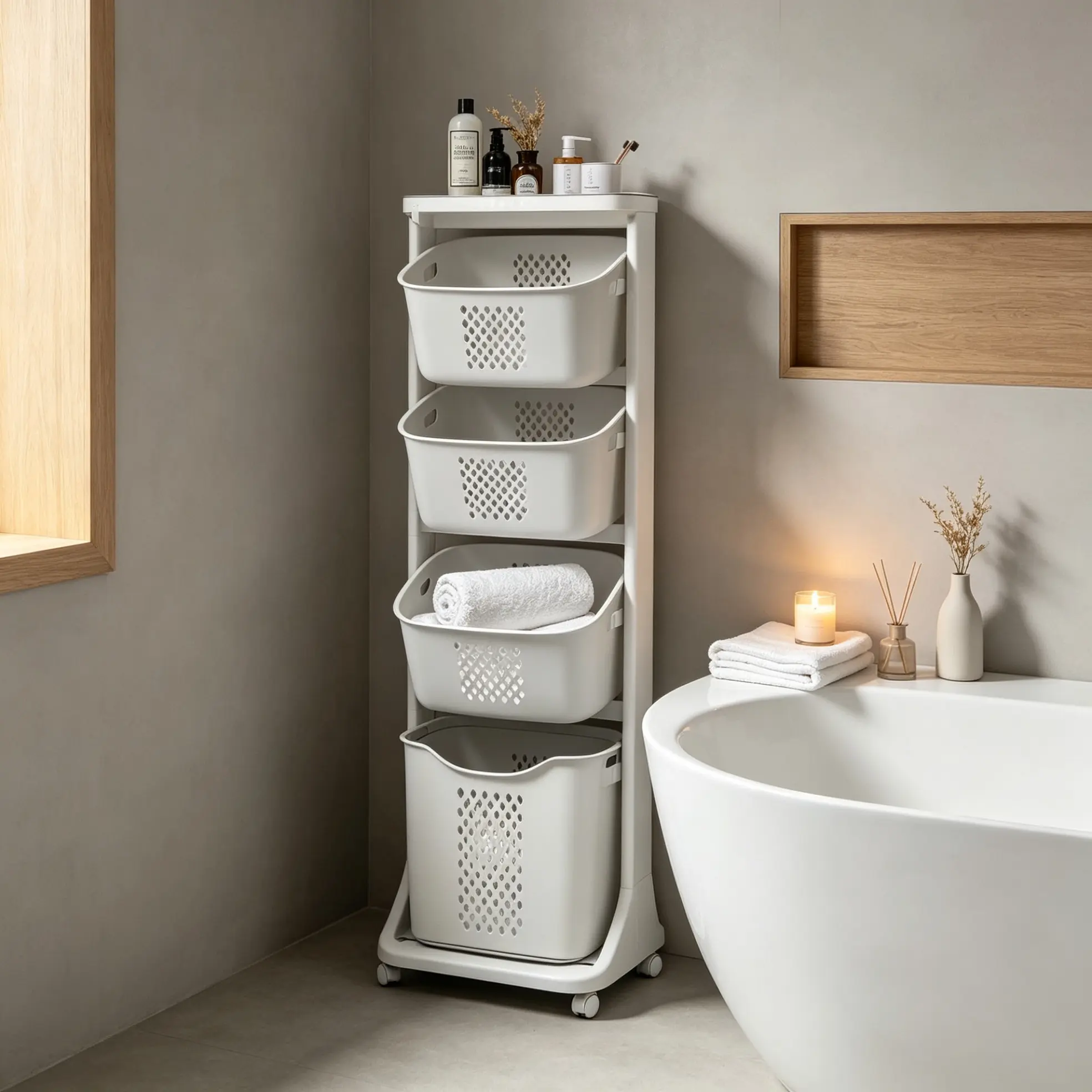 4-Tier Modern Rolling Laundry Hamper Sorter Cart - Indoor Bathroom Furniture with Wheels, Removable Baskets for Dirty Clothes Storage Organization