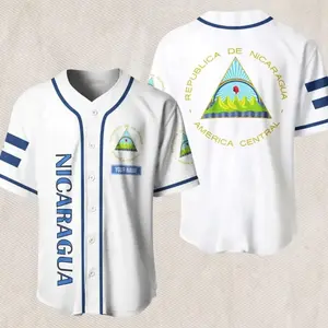 Nicaragua Baseball Jersey – White Blue Trim, Republica de Nicaragua Seal Back, Vertical NICARAGUA Front, Custom Name Unisex Fan Shirt