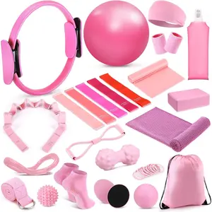 24 count  Pilates Essentials Kit for Women, Pilates Equipment Ring and Ball Set with Stretching Strap, Water Bottle, Magic Circle, Yoga Ring, Gym Bag, Resistance Band, Anti Slip Socks