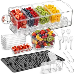 Ice Chilled Condiment with Drain Plug, 5 Containers with Lids, 85 oz Ice Capacity, 11 Pcs Complete Garnish Tray Condiment Server Set with Drainer Mat Cutlery Holder for Taco Bar