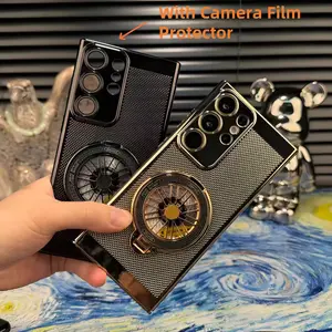 Heat Dissipate Mesh Smartphone Case for Samsung S26 S24 S25 26 Ultra with Rotating Gyroscope Magsafe Holder Cover for S23 Ultra S22 Hard Case Protection Cellphone Casing Gold Shockproof Protector