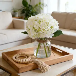 Coucheta Real Touch Artificial Hydrangea in Vase - with Wood Bead String, Lifelike Faux Flowers for Home, Table & Office Décor, White