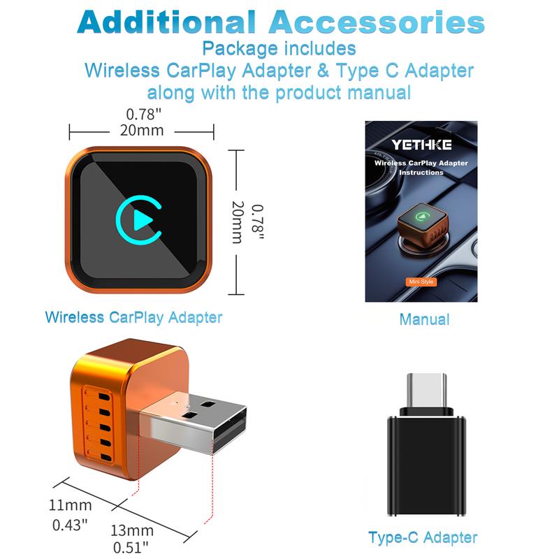 YETHKE 2026 Mini Wireless CarPlay Adapter Upgrade Wired to Wireless for CarPlay & Android Auto Plug and Play Fast Auto-Reconnect Stable Control Zero Delay Car Play for iPhone iOS 10+ Android 11+