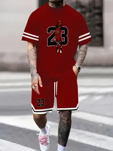 Men's Summer Trendy Classic Print Round Neck Short Sleeve T-Shirt & Shorts Set, Casual Fitted Knee Length, Perfect for Summer, Menswear