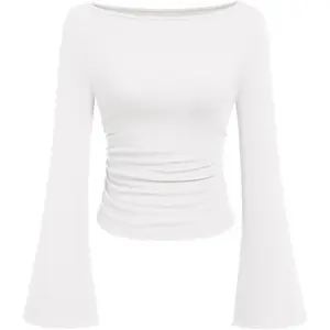 Boat Neck Solid Ruched Long Sleeve Tee Spring Statement Piece, sexy solid color boat neck bell sleeve slim-fit ruched top, unique and chic inner top with a hot girl design