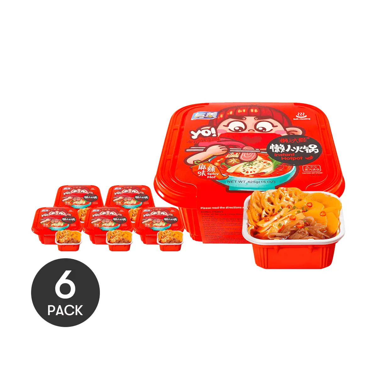 YUMEI 6 Pack Mala Spicy Self-Heating Hot Pot - Instant Cook-at-Home Chinese Noodle Soup 425g