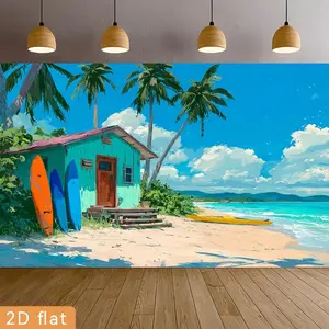 2D Flat Banner polyester photography backdrop, HD digitally printed beach house, palm trees, surfboards, and kayak ocean scene background cloth, soft lightweight foldable and machine washable for parties, birthdays, video studio,