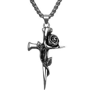 Titanium Steel Horn Rose & Cross Pendant Necklace, Intertwined Rose and Cross Design Symbolizing Eternal Love, Suitable for Daily Wear, Ideal for Valentine's & Thanksgiving Gifts