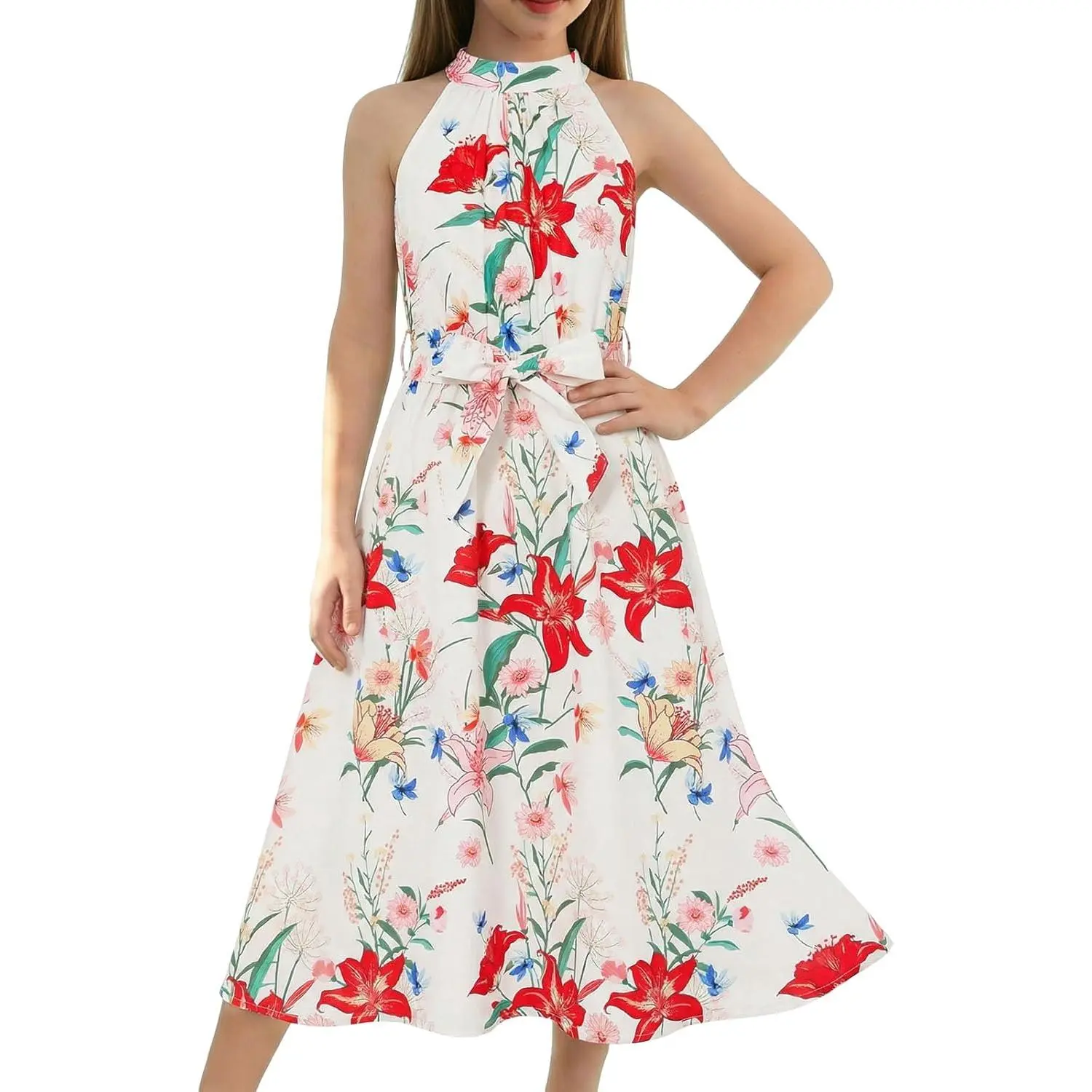 Haloumoning Girls Halter Neck Summer Dress Kids Hawaiian Floral Print  Sleeveless Belted Casual Dresses 5-14Y - TikTok Shop