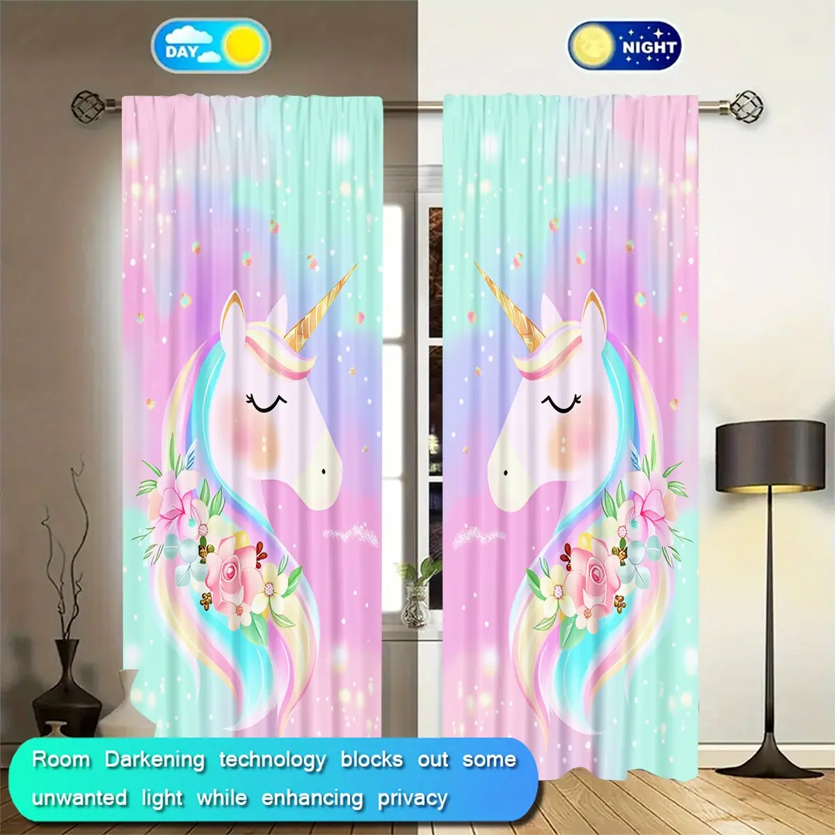 2pcs Unicorn Pattern Print Privacy Grommet Curtains Set Home Textile, Home Decoration Curtain, Snowflake Design Holiday Home Decor, Suitable for Living Room Balcony Bedroom Windows Home Decorative Curtain
