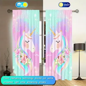 2pcs Unicorn Pattern Print Curtains Set Home Textile, Snowflake Design Holiday Home Decor, Suitable for Living Room Balcony Bedroom Windows