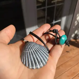 Handmade Seashell Necklace with Suede Leather Cord, Fine Silver Wire Wrapping and Genuine Turquoise Stone Pendant as the closure