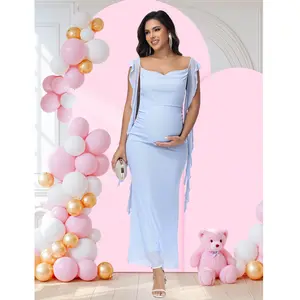Maternity Ruffle Mesh Cowl Neck Dress Elegant Pregnant Spaghetti Srtap Cami Dress for Baby Shower Party