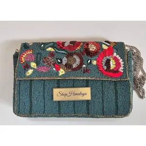 Handcrafted Shoulder Bag with Silver Chain, Luxe Teal & Ruby Beaded Purse, Boho Luxe Embroidered shoulder Bag, Colorful Sequin & Bead Clutch Purse